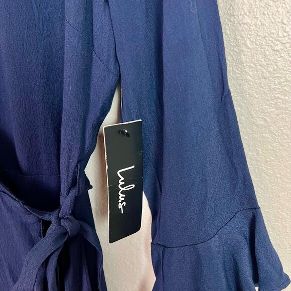 Lulus‎ Cardwell Navy Blue Flounce Sleeve Wrap Mini Dress Size Medium NWT - Picture 7 of 11